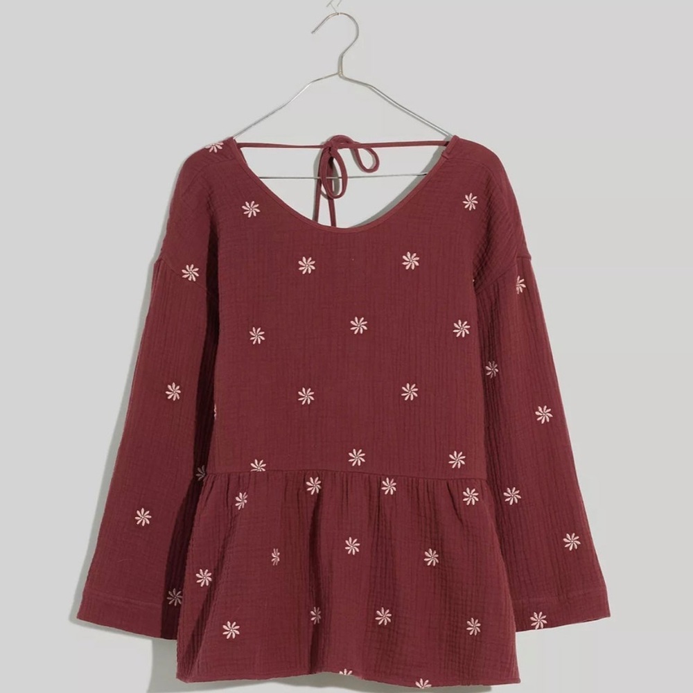 Madewell xs Embroidered Lightspun Peplum Open-Back Top